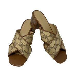 MK Michael Kors Sz 9 Abbott Open Toe Mule Beige/Ebony Logo Block Heel NWOB